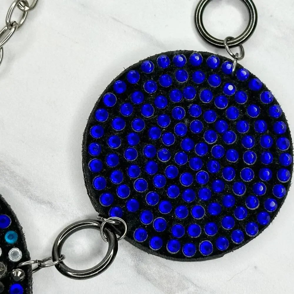 Blue Rhinestone Studded Silver Tone Chain Link Belt OS One Size
